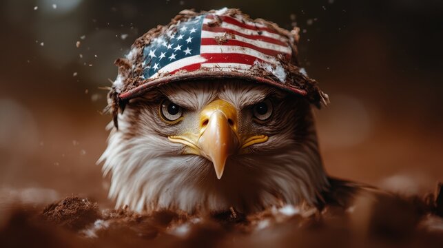 A fierce eagle with an American flag hat rising from the ground, symbolizing patriotism and strength, inviting a sense of pride and freedom tied to the American spirit.