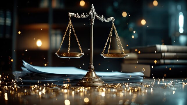 A beautifully crafted golden scale of justice stands prominently amidst a bokeh background, symbolizing fairness, law, and the quest for justice in a visually striking format.