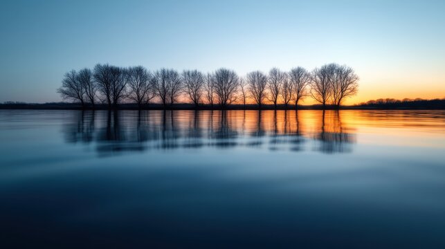 A serene landscape showcases silhouetted trees reflecting on calm water during sunrise, evoking feelings of peace and tranquility in nature.