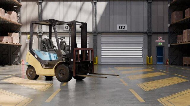 Forklift parked in empty warehouse with merchandise on shelves