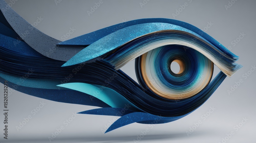 Poster 3D Layered Concept Representing Optical Tools Creatively Arranged to Form an Abstract Eye in a Clean, Minimalist Style