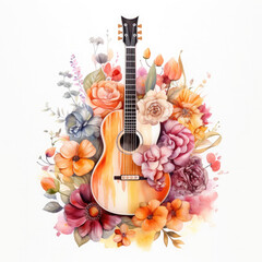 Watercolor Guitar Among The Love Of Flowers, clipart Illustration, Generative Ai