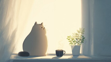 Chubby Cat Sitting by Tea and Plant on Sunny Windowsill