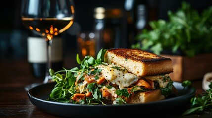 An enticing gourmet sandwich with fresh ingredients, garnished with greens, complemented by a glass of white wine, presenting a luxurious dining experience in a modern setting.