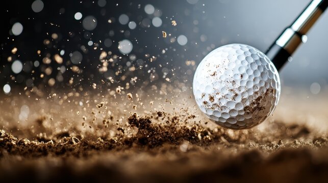 The image captures the dynamic moment a golf club strikes a ball, sending dust flying and emphasizing the energy and precision of the sport in vivid detail.