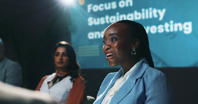 Speaker, panel and discussion with business woman at summit for environment, team and conference. Collaboration, sustainability and future investing with employees on stage for seminar and event