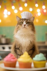 Fluffy Cat Wearing Chef Hat Sitting Beside Colorful Cupcakes Playfully