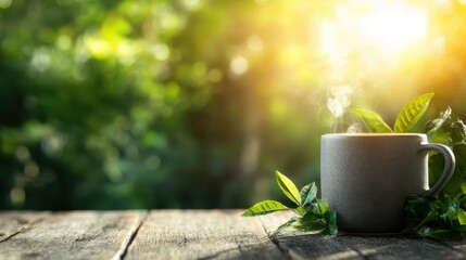 A beautifully rustic coffee mug emits steam while resting on a wooden table, surrounded by vibrant greenery, representing tranquility and the joy of simple moments in nature.