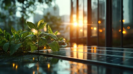 A close-up view of a solar panel glistening in the sunlight, surrounded by fresh green leaves, representing sustainable energy and the harmony between technology and nature.