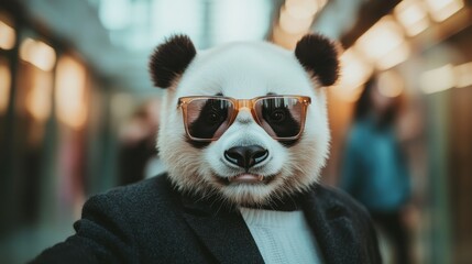 A humorous and playful image of a panda wearing stylish sunglasses and looking directly into the camera, capturing a moment of fun and personality in a whimsical setting.