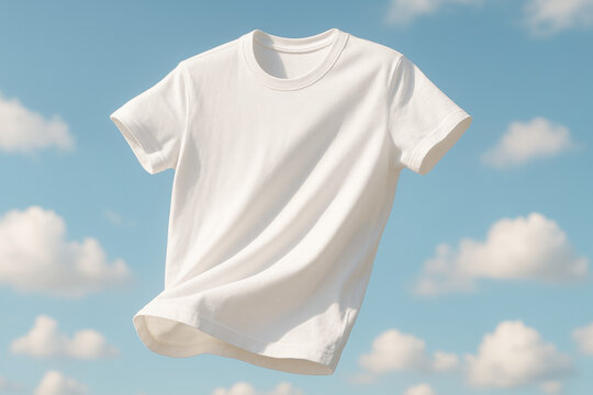 Plain white t shirt floating against a blue sky with soft clouds, clean minimalist apparel concept with blank template space