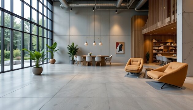an interior space that appears to be a modern office or co working environment. it features a large, open floor plan with a clean, minimalist design
