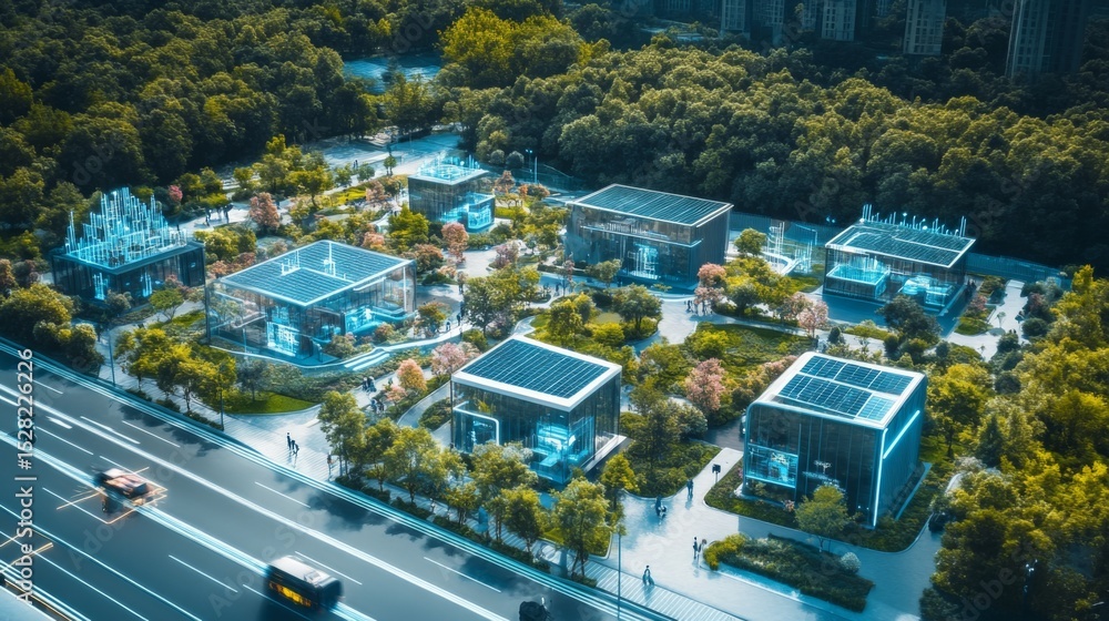Poster a bustling smart city features modern buildings equipped with solar panels and green spaces, promoti