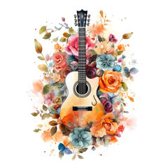 Watercolor Guitar Among The Love Of Flowers, clipart Illustration, Generative Ai