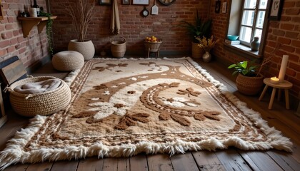 a cozy room with a large, intricately designed rug that dominates the foreground, its warm tones creating a focal point