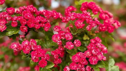 A close-up shot of bright pink double flowers in full bloom. Captured in natural light, showcasing the vivid color and lush texture of the blossoms during peak flowering season.