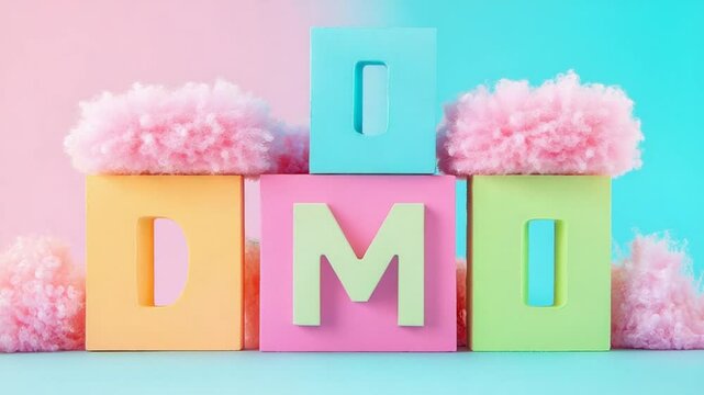 Colorful pastel blocks spelling DMD with fluffy cotton candy clouds in a vibrant background