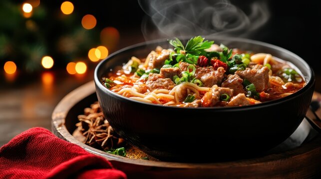 A steaming bowl of savory noodles adorned with tender meat and fresh herbs showcases culinary delight, evoking warmth, comfort, and the joy of sharing delicious meals with loved ones.