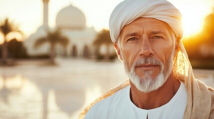 An elderly man dressed in traditional attire poses gracefully against the backdrop of an intricately designed mosque, embodying culture, wisdom, and a sense of community.