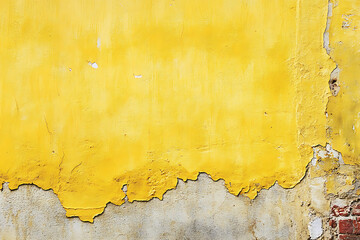 Old weathered wall with peeling yellow paint, exposing the concrete and brick surface beneath. Great for backgrounds, textures, architectural decay, restoration projects, or creative grunge designs.
