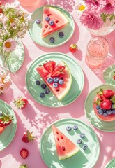 Vibrant fruit platters on mint green plates, arranged on a pink tablecloth, sunlight dappling the scene