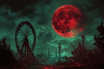 Twisted carnival under a blood red moon evokes eerie horror vibes at night, Twisted carnival under a blood red moon where horror and laughter intertwine