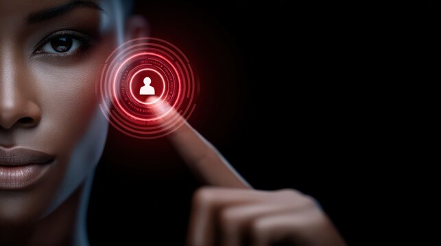 Close-up portrait of a confident woman interacting with advanced biometric technology on touchscreen interface showcasing digital identity verification concepts and personalization effects