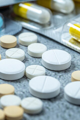 Variety of medicines and drugs.Medicine and healthcare concept.Variety of medicines and drugs.Medicine and healthcare concept.Pill for the prescription and treatment various diseases chemistry