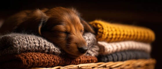Dachshund Puppy Sleeping in Sweater Basket Under Warm Lamp