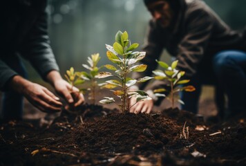 A focused image of individuals planting young trees in a forest, symbolizing hope and commitment to environmental sustainability and the importance of caring for our planet.