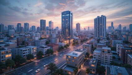 City Skyline at Sunset with Modern High-Rise Buildings and Traffic in Urban Environment
