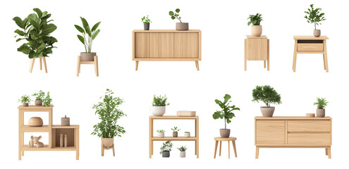 3D rendering of various wooden side tables and cabinets with plants on a transparent background.