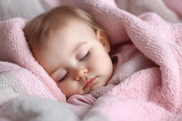 Closeup Sleeping Baby Girl Soft Pink Blanket Pastel Colors Sweet Dream Infant Toddler