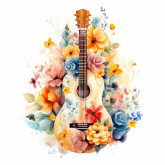 Watercolor Guitar Among The Love Of Flowers, clipart Illustration, Generative Ai
