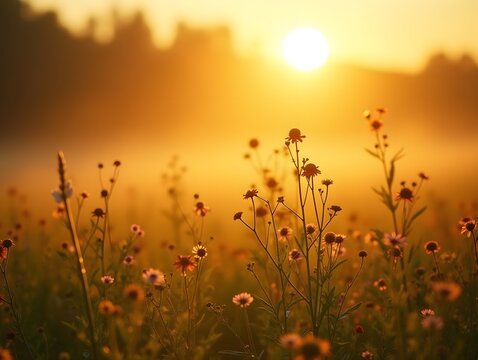 Sunlit wildflower meadow with golden morning mist. Lush blooming field in soft dawn glow. Serene tranquil flower meadow in warm sunrise light perfect for inspirational art, book