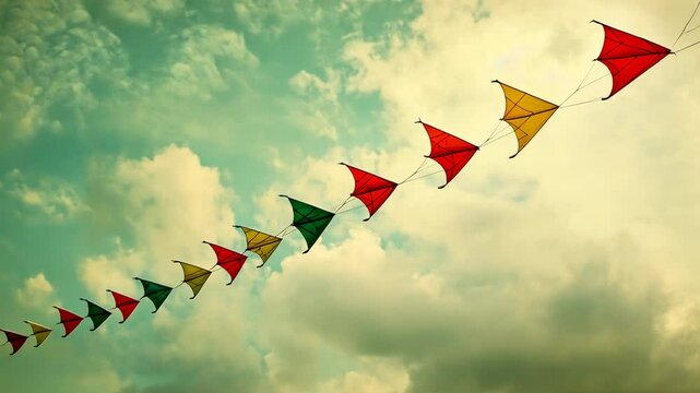 Colorful kites strung in the sky