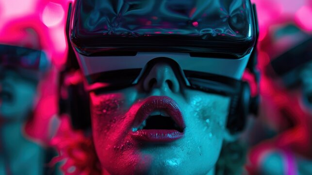 A person immersed in a virtual reality experience, demonstrating intense emotions and engagement, enhanced by vibrant colors and a dynamic atmosphere.