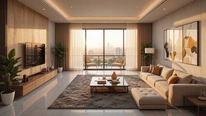 Modern Spacious Living Room with City View and Cozy Seating Arrangements at Sunset