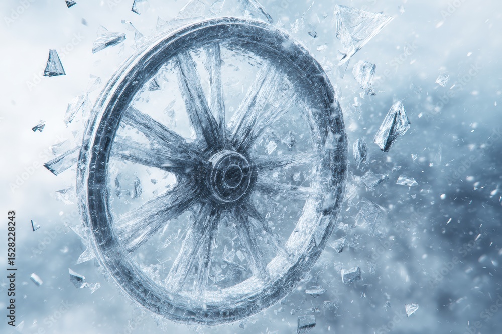 Poster Frozen Wheel Spins in Fractured Digital Space With Minimalistic Layout Creating Abstract Visual
