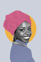 Sketch art 3d creative image collage of happy american girl wear haircare turban accessory golden...