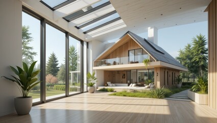 Modern Architectural Home with Spacious Interior and Natural Light in a Serene Garden Setting