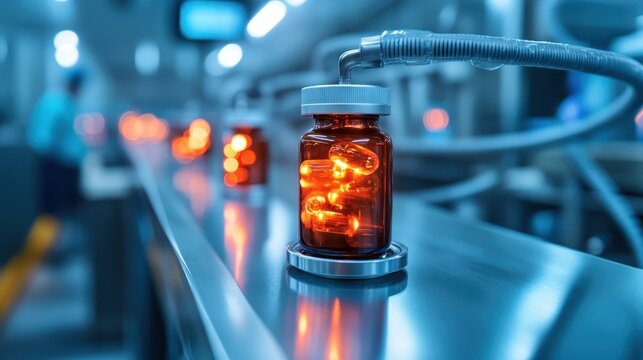 A professionally captured shot of amber glass bottles containing capsules on a sleek production line, highlighting the intersection of health, manufacturing, and technology.