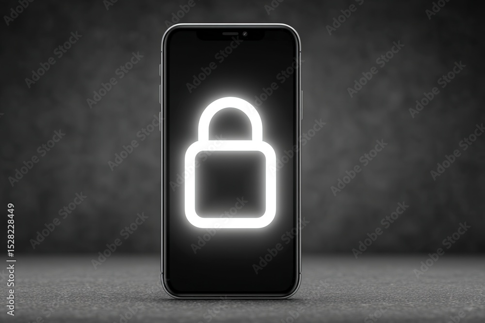Poster smartphone displaying secure lock symbol on dark textured background representing digital security p