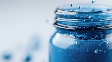 An abstract image capturing vibrant blue liquid swirling in a clear jar, showcasing dynamic bubbles that emphasize movement and fluidity in a creative, artistic manner.