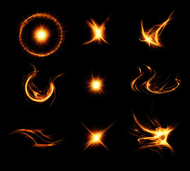 Set of abstract magical shapes in flame isolated on black.