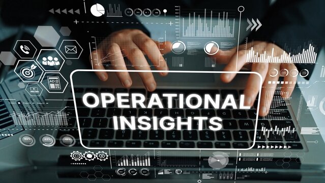 Hands Typing on Laptop with Overlay of Data Visualization Elements for Operational Insights. Asymptotic smart data analytic.