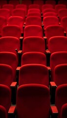 Fototapeta premium Rows of empty red theater seats, arranged in a symmetrical pattern, create a sense of anticipation and order in a theater