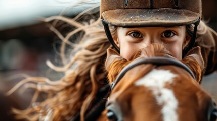 This heartwarming image captures a young girl beaming with joy as she rides her horse, showcasing the bond between child and animal against a backdrop of nature and motion.