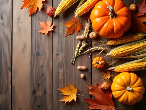 Thanksgiving Background With Pumpkins Corn Wheat And Autumn Leaves On Rustic Wood