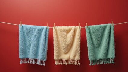 Colorful Towels Hanging on a Clothesline Against a Vibrant Red Background